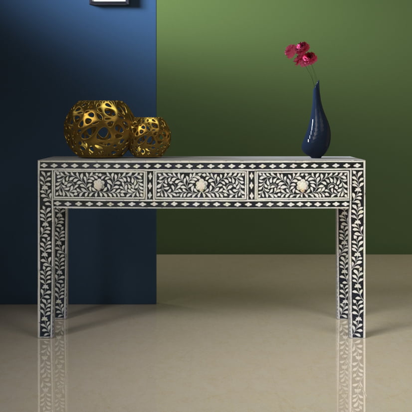 Bone Inlay Entry Table in Black Floral Design