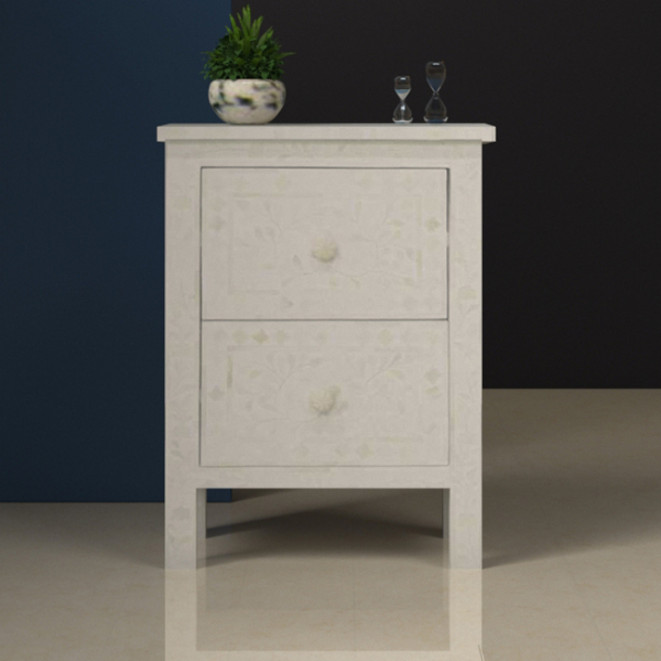 Bone Inlay Bedside Table- White