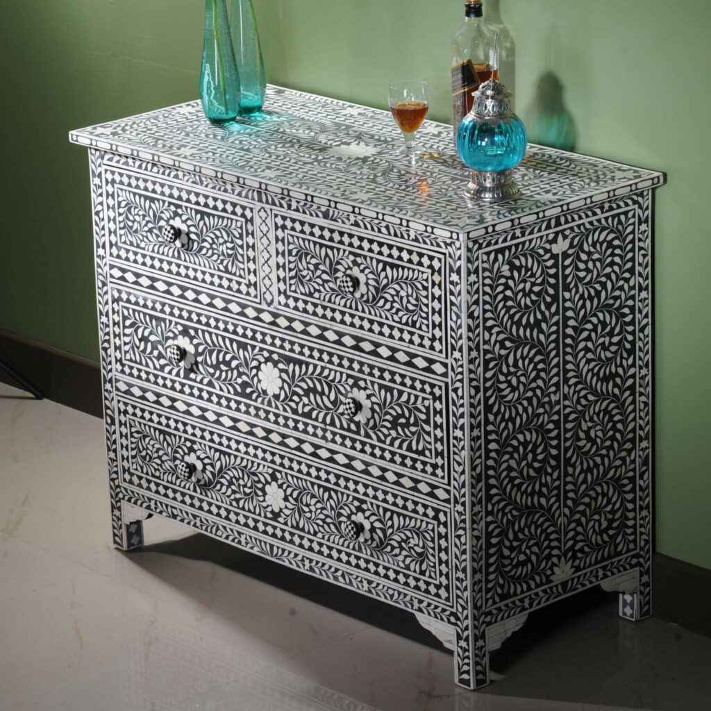 Bone Inlay Chest of Drawers- Black Color